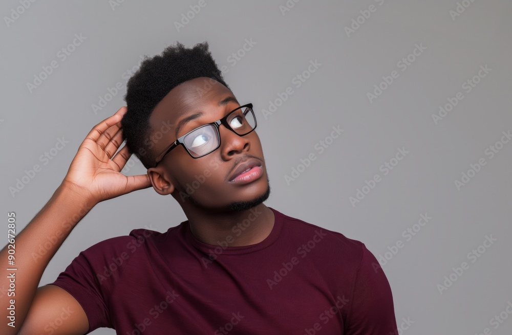 A young Black man wearing glasses, in a thoughtful pose, looking up as if pondering ideas. Suitable for business, education, or lifestyle concepts. A young Black man wearing glasses, in a thoughtful pose, looking up as if pondering ideas. Suitable for business, education, or lifestyle concepts.