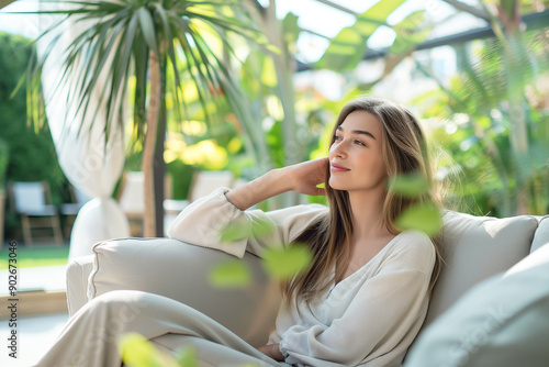 Happy smart woman relaxing outdoors at home or in luxury hotel. Lifestyle and leisure time concept