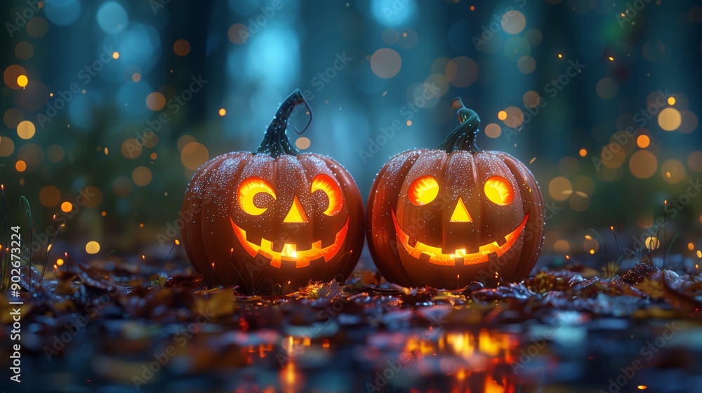 Two Glowing Halloween Pumpkins Sitting on Wet Ground Surrounded by Autumn Leaves at Dusk Two Glowing Halloween Pumpkins Sitting on Wet Ground Surrounded by Autumn Leaves at Dusk