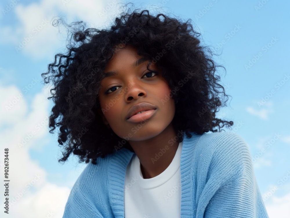 Portrait of a curly-haired woman with a soft gaze, set against a blue sky background, capturing a serene moment. Portrait of a curly-haired woman with a soft gaze, set against a blue sky background, capturing a serene moment.