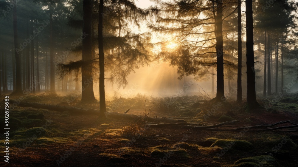 Misty sunset over farmland forest with tree silhouettes with burnt orange skies. Neural network ai generated art Misty sunset over farmland forest with tree silhouettes with burnt orange skies. Neural network ai generated art