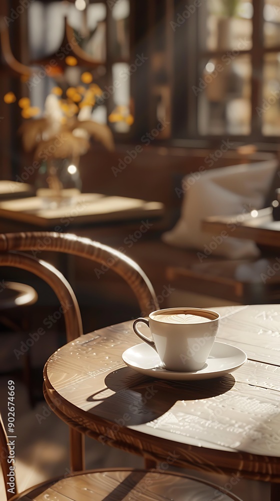 A cozy coffee shop scene, featuring a white cup and saucer of cappuccino on a wooden table with soft natural light streaming through the windows, ideal for promoting cafes, relaxation A cozy coffee shop scene, featuring a white cup and saucer of cappuccino on a wooden table with soft natural light streaming through the windows, ideal for promoting cafes, relaxation