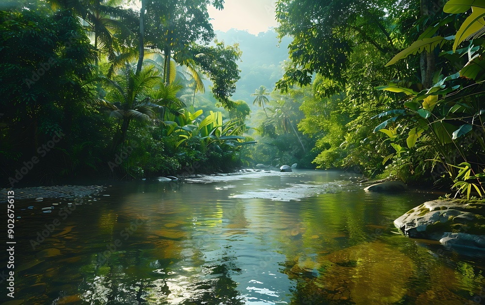 A serene river flows through a lush tropical rainforest, surrounded by dense greenery and towering trees with sunlight filtering through, Ideal for nature, tranquility, and adventure themes in travel A serene river flows through a lush tropical rainforest, surrounded by dense greenery and towering trees with sunlight filtering through, Ideal for nature, tranquility, and adventure themes in travel
