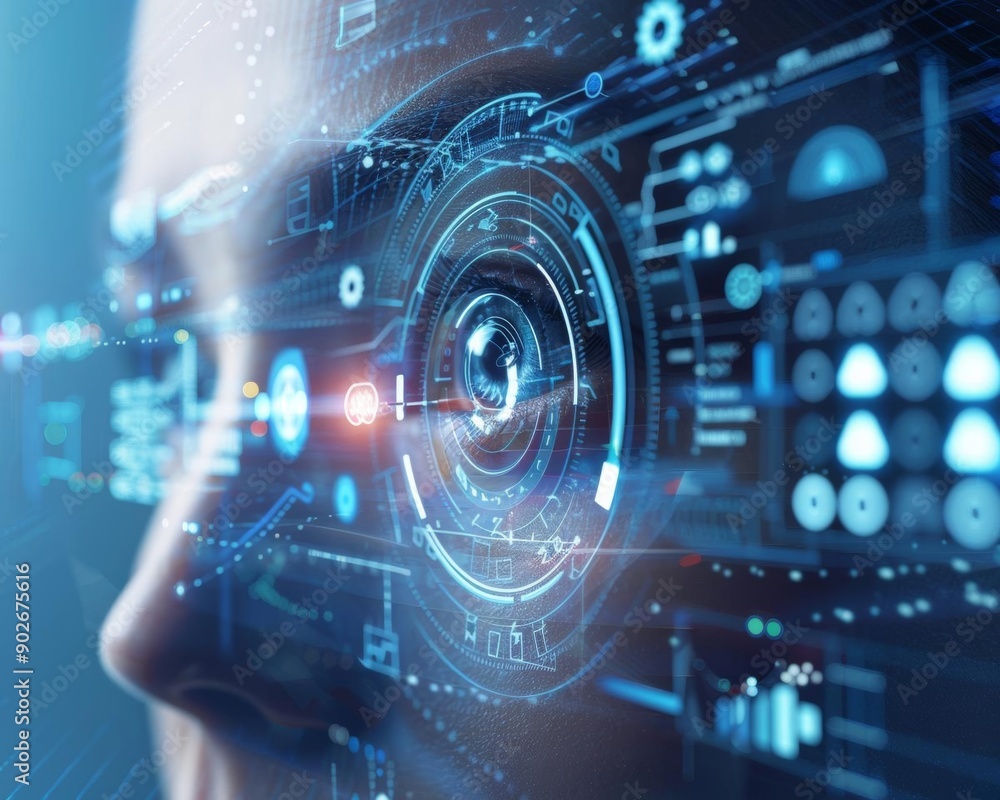 A close-up of a human eye looking at a futuristic digital interface. The eye is surrounded by abstract patterns and glowing lights, symbolizing technology and innovation. A close-up of a human eye looking at a futuristic digital interface. The eye is surrounded by abstract patterns and glowing lights, symbolizing technology and innovation.