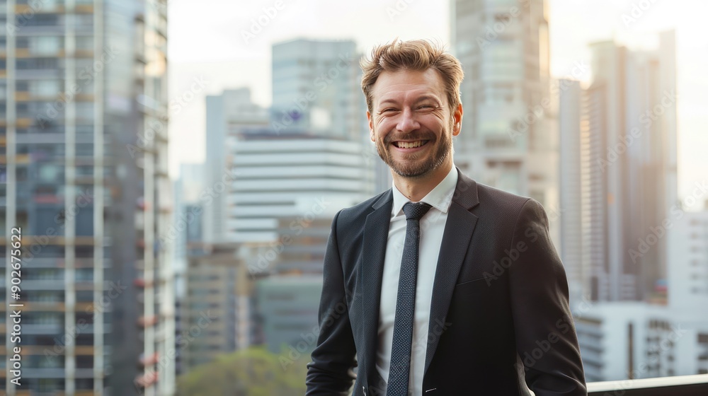Smiling confidently in a business suit, with a city skyline in the background. Smiling confidently in a business suit, with a city skyline in the background.