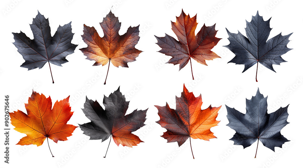Set with fall and autumn maple leaves in orange and black colors isolated on white background. autumn season concept for Thanksgiving or Halloween concept Set with fall and autumn maple leaves in orange and black colors isolated on white background. autumn season concept for Thanksgiving or Halloween concept