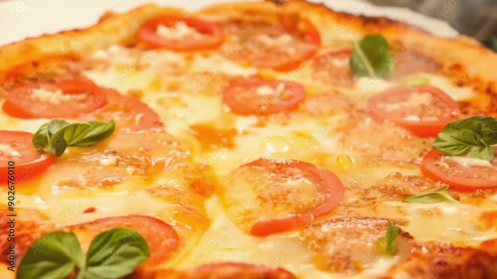 Hot pizza in the oven close-up Hot pizza in the oven close-up