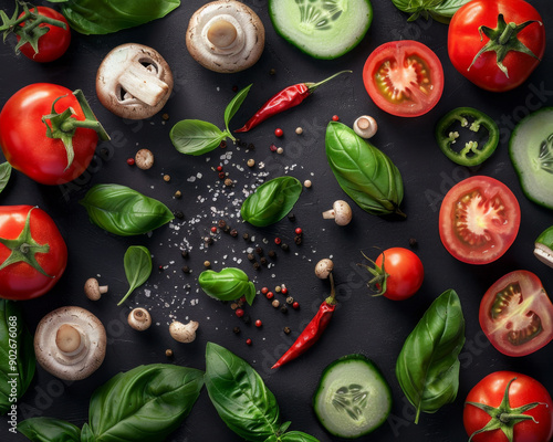 Organic kitchen essentials - flat lay of fresh vegetables and herbs: tomatoes, basil, mushrooms, cucumbers and red peppers, perfect background 