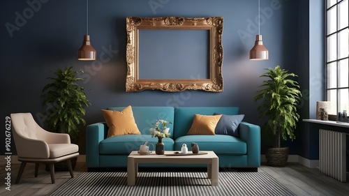 Modern creative living room interior design backdrop with stylish furniture, decor, and cozy lighting for a comfortable and inviting space