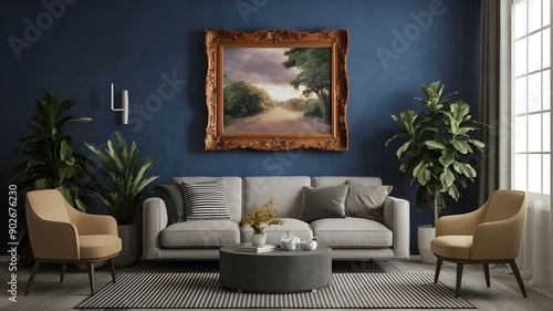 Modern creative living room interior design backdrop with stylish furniture and decor, creating a cozy and inviting space