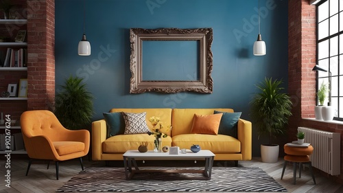 Modern creative living room interior design backdrop with contemporary decor and stylish furniture, creating a chic and inviting space