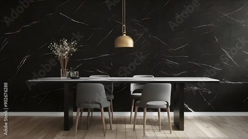Empty marble black countertop on black wall background, ideal for high-end kitchen or bathroom design inspiration