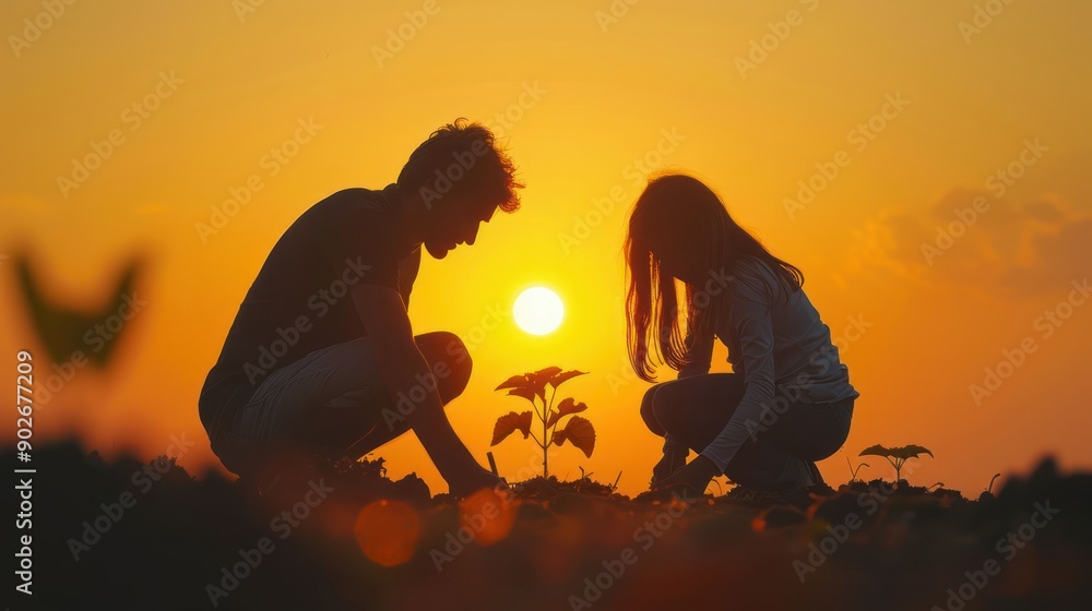 Obraz premium A man and a girl are planting a seedling in the ground