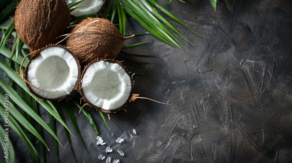 Coconut halves and whole coconuts with palm leaves Coconut halves and whole coconuts with palm leaves