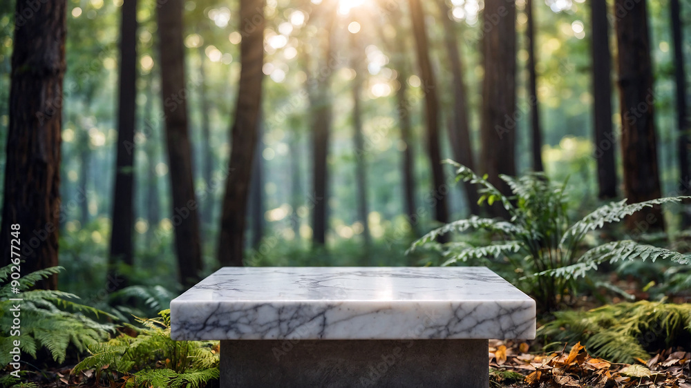 empty square white marble podium mockup in the middle of the forest with a blurred forest background with morning sunlight, suitable for product presentations empty square white marble podium mockup in the middle of the forest with a blurred forest background with morning sunlight, suitable for product presentations