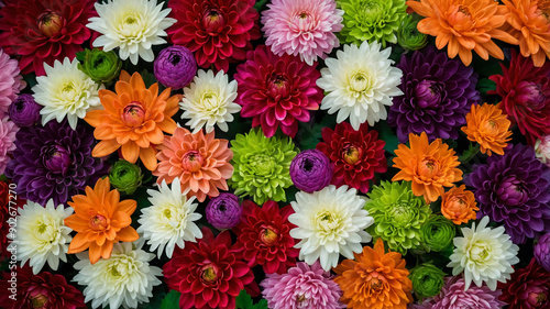 Colorful assortment of blooming flowers in different shades of pink, orange, purple, red, and white.