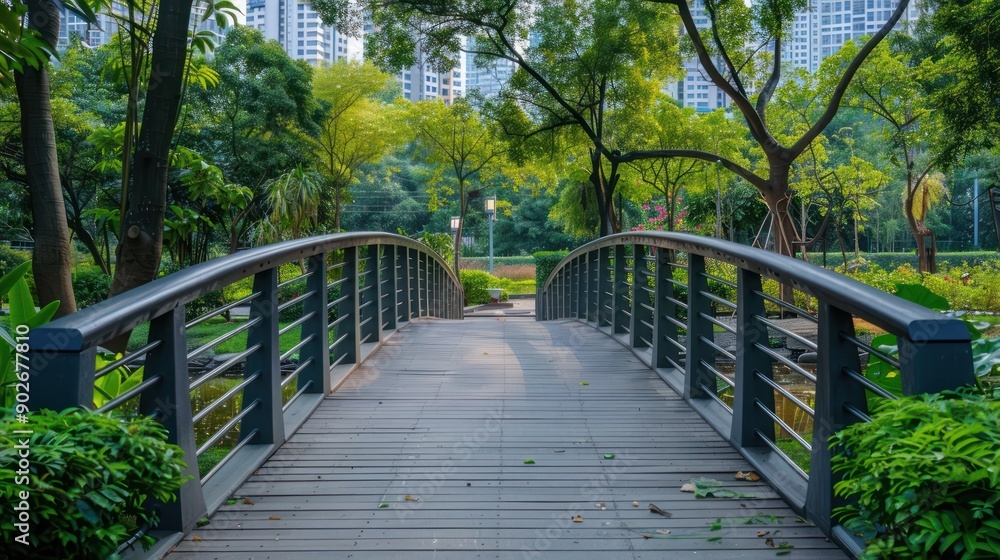 Two pedestrian bridges connecting parks in a city with greenery around Two pedestrian bridges connecting parks in a city with greenery around