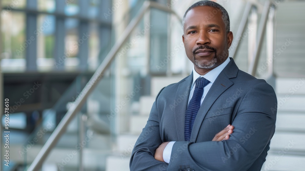 Portrait of a confident middle-aged Black businessman in a formal suit, standing with arms crossed. Portrait of a confident middle-aged Black businessman in a formal suit, standing with arms crossed.