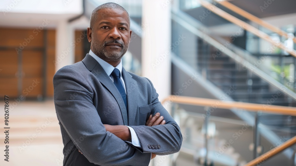 Portrait of a confident middle-aged Black businessman in a formal suit, standing with arms crossed. Portrait of a confident middle-aged Black businessman in a formal suit, standing with arms crossed.