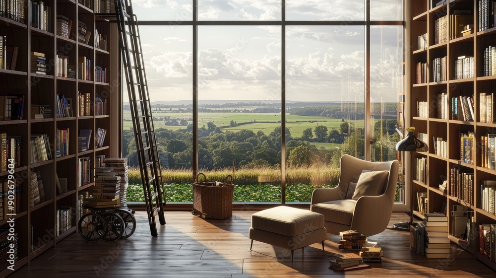 A contemporary library with floor-to-ceiling bookshelves, a rolling ladder, a plush armchair, and a large window with a view of the countryside. A contemporary library with floor-to-ceiling bookshelves, a rolling ladder, a plush armchair, and a large window with a view of the countryside.