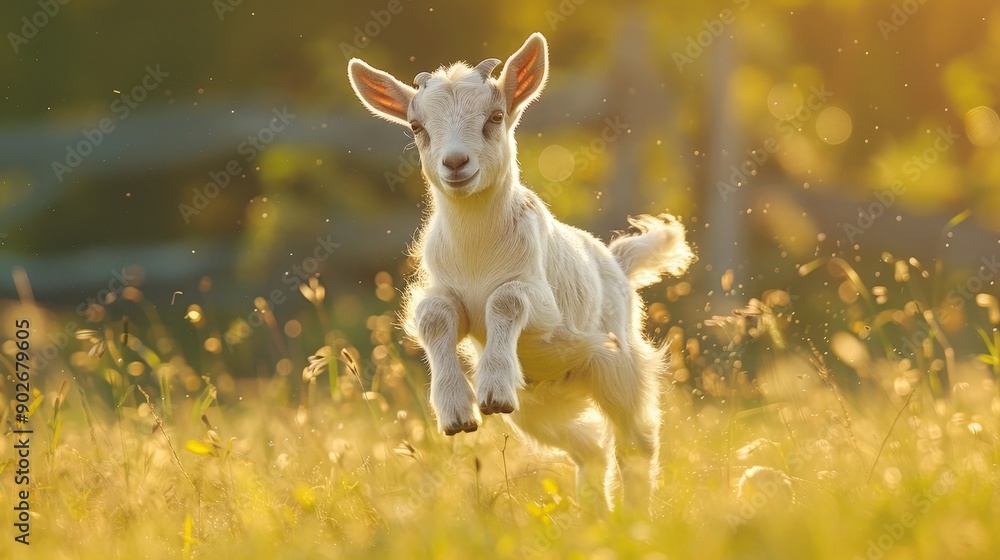 A baby goat leaping in a sunny meadow, morning light A baby goat leaping in a sunny meadow, morning light