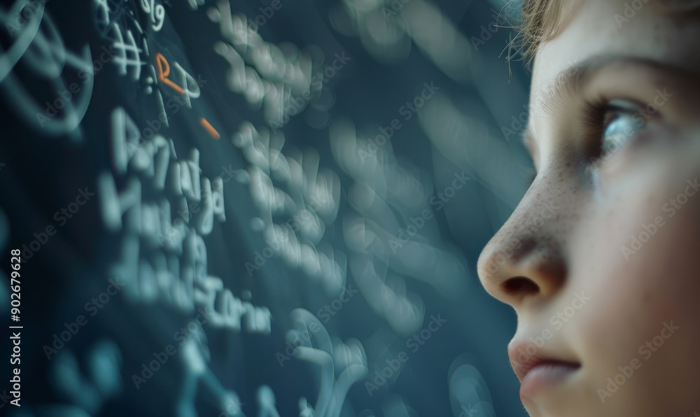 Young person before chalkboard with equations Young person before chalkboard with equations