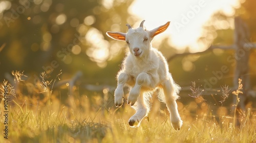 A baby goat leaping in a sunny meadow, morning light photo