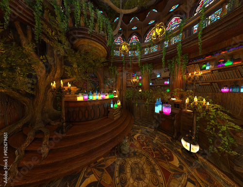 3D rendered image of the interior of a magical tree house like a wizard's hut filled with magical potions and books   photo