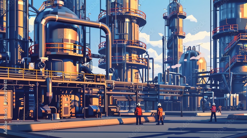 A large industrial complex with workers in safety gear, towering tanks, and intricate piping. A large industrial complex with workers in safety gear, towering tanks, and intricate piping.
