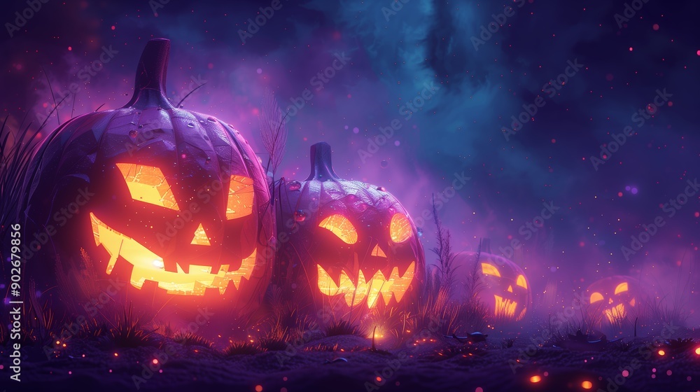Spooky Jack-o'-Lanterns Illuminating a Foggy Halloween Night in the Forest Spooky Jack-o'-Lanterns Illuminating a Foggy Halloween Night in the Forest