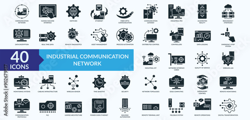 Industrial communication network icon collection set with augmented reality, distributed control, real time data, monitoring system, digital transformation