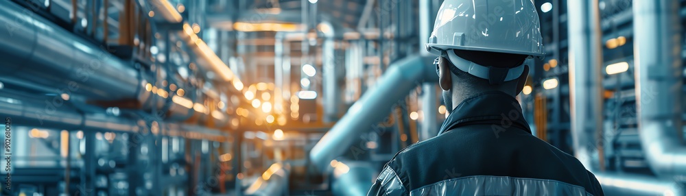 Fototapeta premium A worker in a hard hat stands in a large industrial facility.