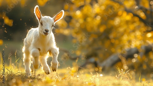 A baby goat leaping in a sunny meadow, morning light