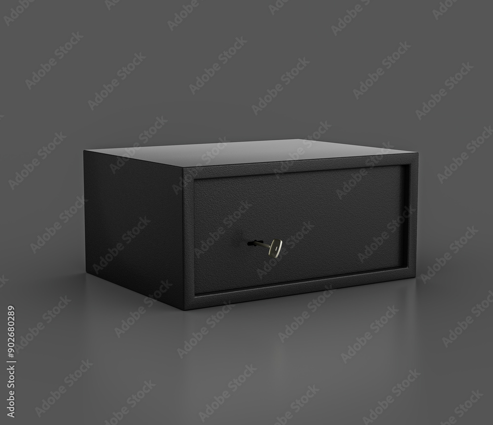 Black Mild Steel Closed Safe Locker With Key For Secure Storage On Gray Background 3D Illustration Black Mild Steel Closed Safe Locker With Key For Secure Storage On Gray Background 3D Illustration