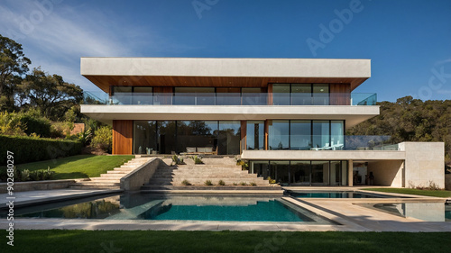 Beautiful modern house with large windows  pool  and luxurious outdoor space at sunset  serene ambiance.