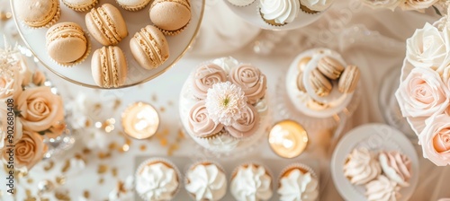 Elegant dessert table with various baked goods in the background you can see slightly fuzzy flowers