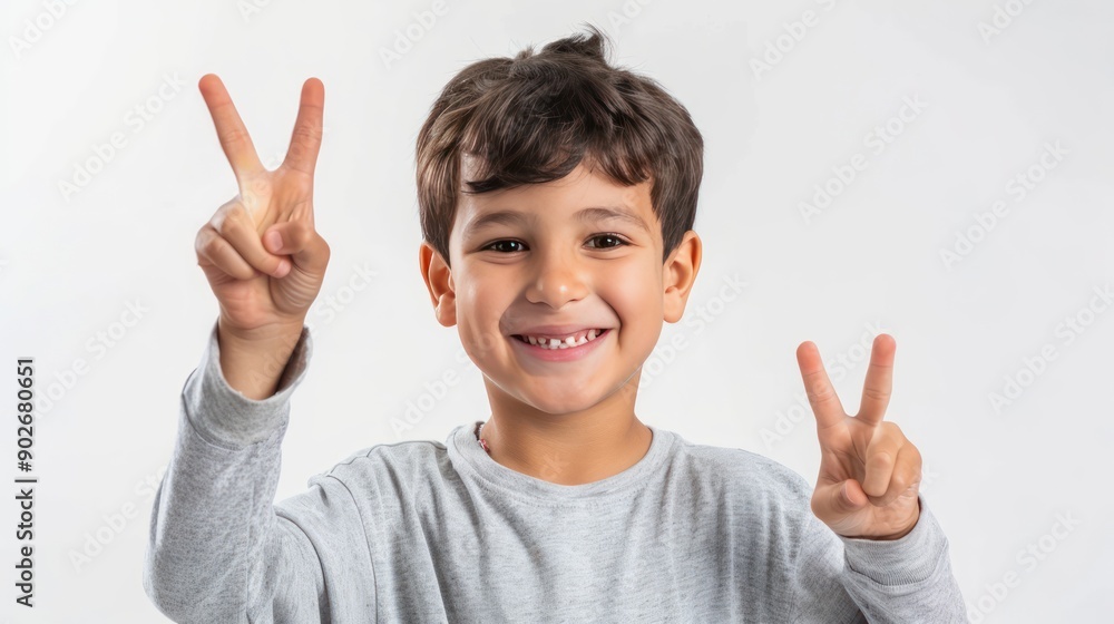 Close-up of a student making a victory sign after receiving top honors in a school competition isolated white background Close-up of a student making a victory sign after receiving top honors in a school competition isolated white background