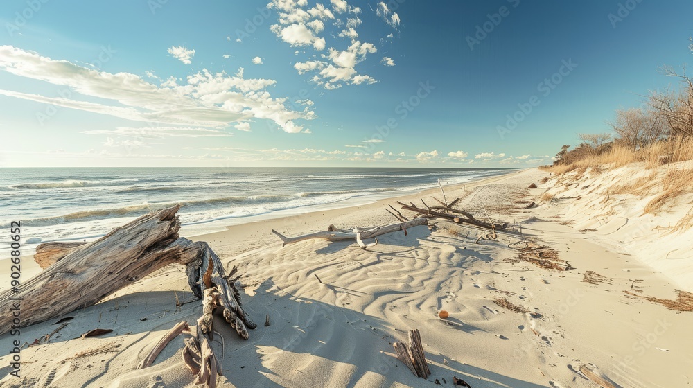 Obraz premium Wide Ocean View with Sand Dunes wood on Sandy Beach