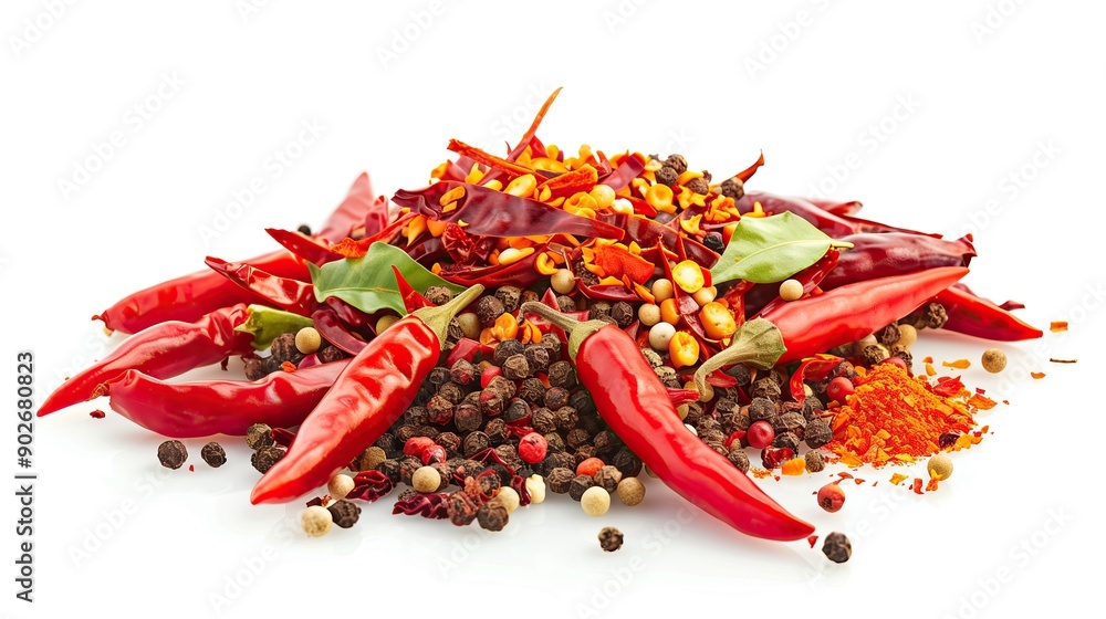Pile of spicy chili red pepper flakes white background, side view Pile of spicy chili red pepper flakes white background, side view