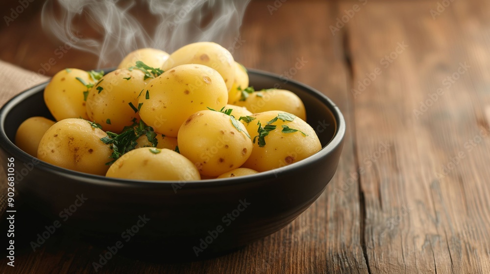 Freshly boiled potatoes garnished with herbs and spices. Freshly boiled potatoes garnished with herbs and spices.