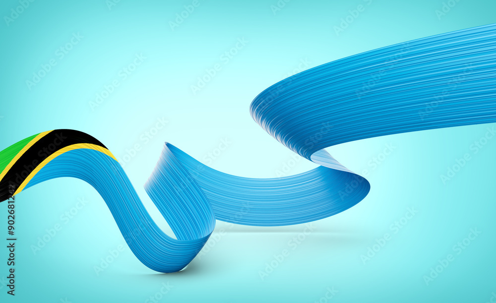 Flag Of Tanzania Shiny Waving Tanzania Ribbon Flag Isolated On Blue Background 3d Illustration Flag Of Tanzania Shiny Waving Tanzania Ribbon Flag Isolated On Blue Background 3d Illustration