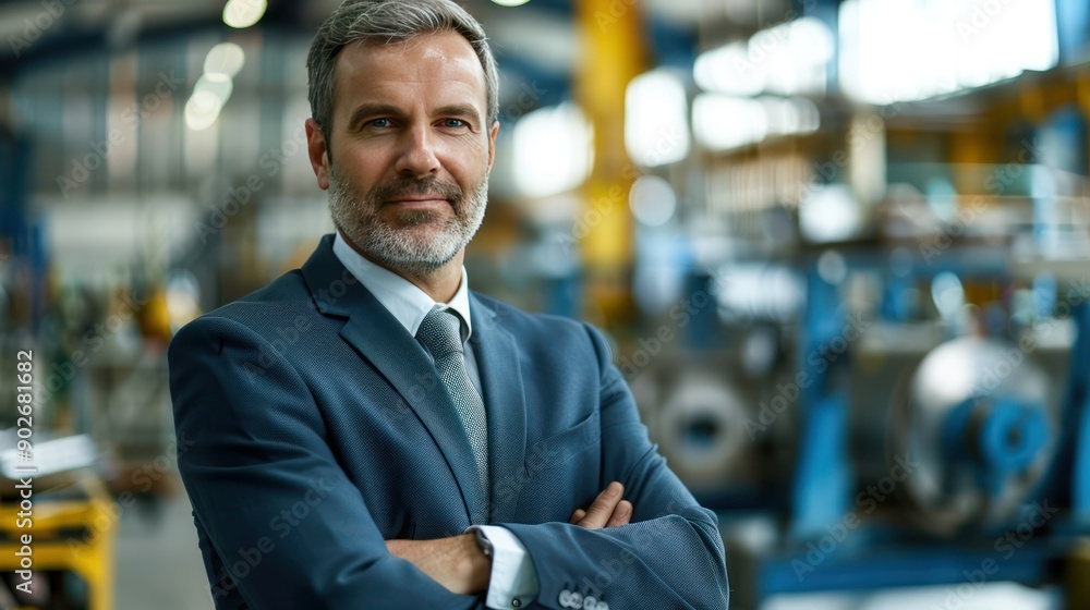 Close-up of a manager with crossed arms, observing work progress in a factory setting isolated white background Close-up of a manager with crossed arms, observing work progress in a factory setting isolated white background