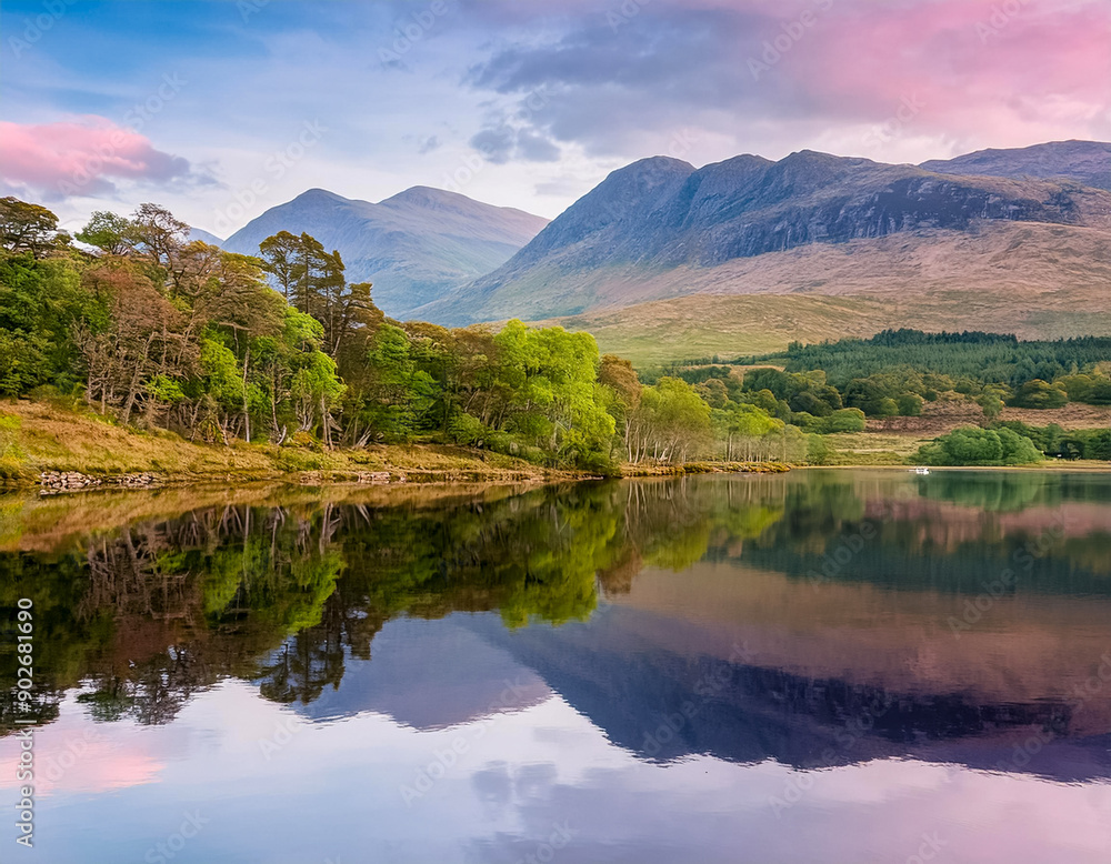 Rural agricultural landscape of mountains reflected in Scottish loch Rural agricultural landscape of mountains reflected in Scottish loch