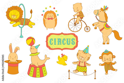 Circus cute animals, hand drawn illustrations set for nursery and kids. Woodland baby characters - lion, bear on bike and bunny in magic hat