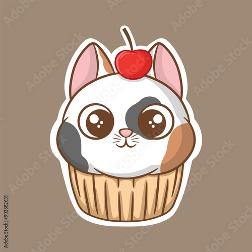 illustration art cute cup cake cat with cherry sticker design