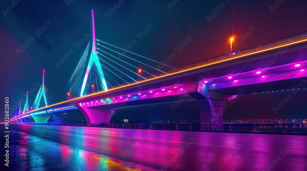 Obraz premium Beautiful bridge architecture illuminated at night with colorful LED lights