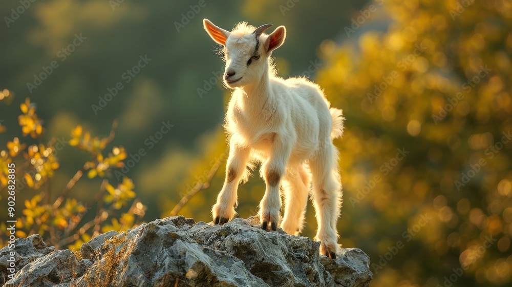 A baby goat standing on a rock, morning sunlight A baby goat standing on a rock, morning sunlight