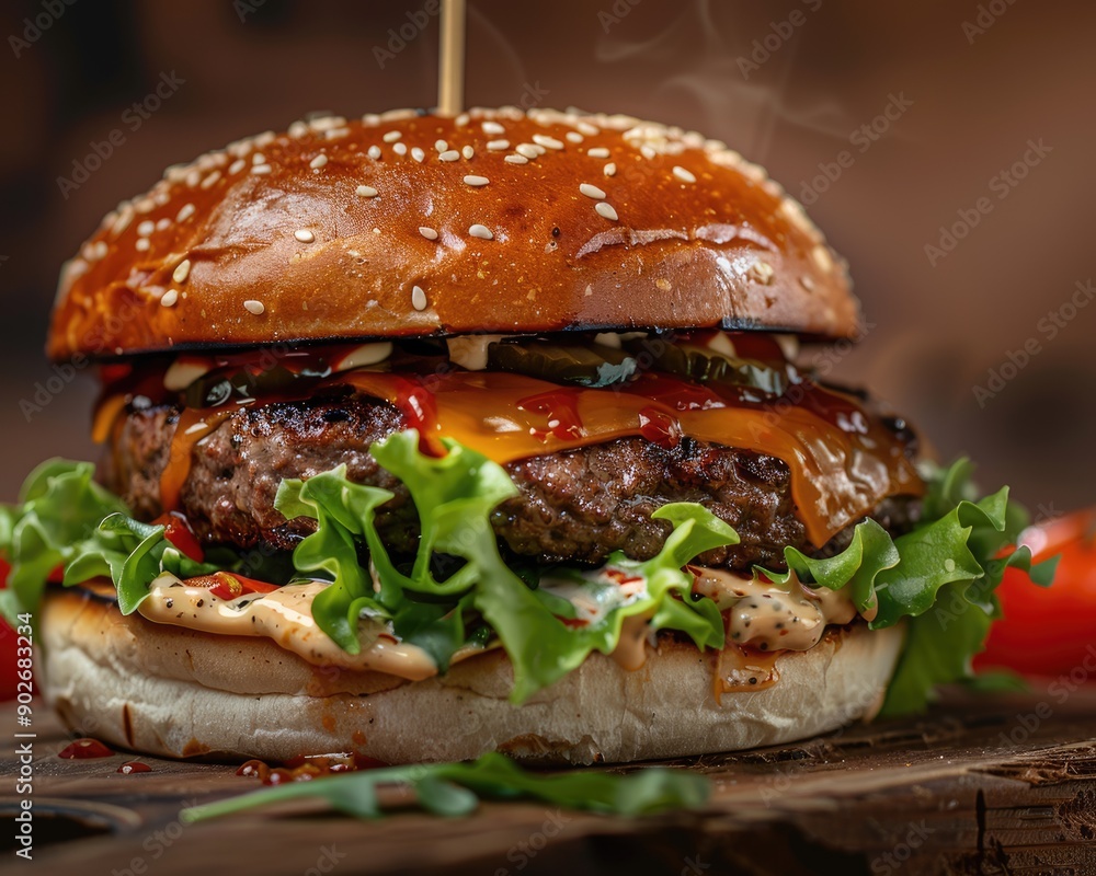 Delicious Cheeseburger. Hand drawn artwork of a Cheeseburger with Fresh Salad and Beef Patty Delicious Cheeseburger. Hand drawn artwork of a Cheeseburger with Fresh Salad and Beef Patty