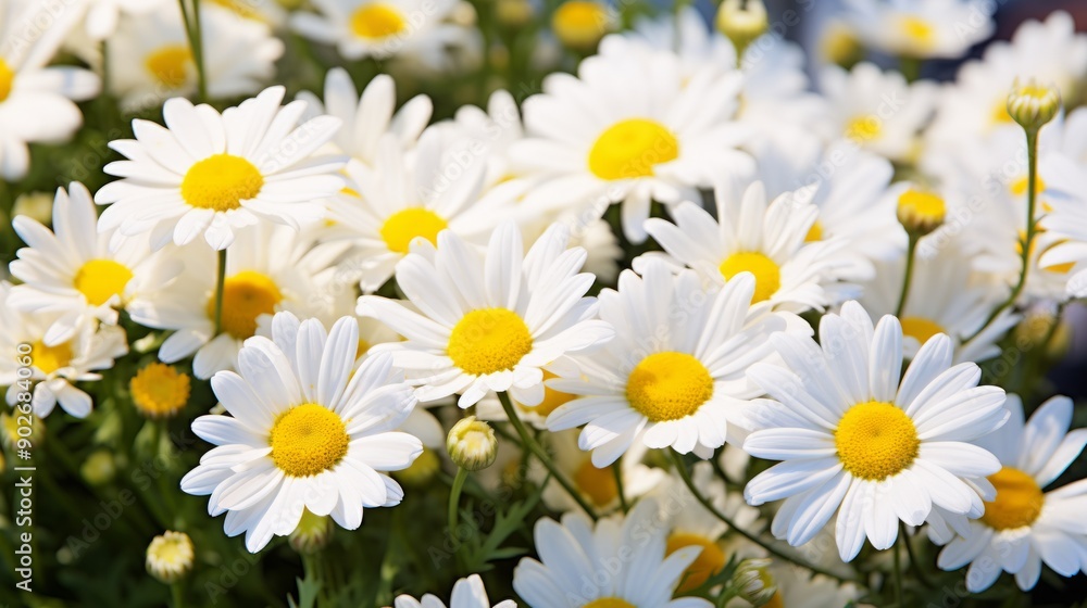 Many daisies closeup, side lighting to show the delicate texture of flowers. Neural network ai generated art Many daisies closeup, side lighting to show the delicate texture of flowers. Neural network ai generated art