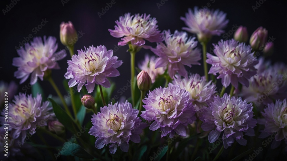 Purple Chrysanthemums in Bloom Against Dark Background
Purple Chrysanthemums in Bloom Against Dark Background